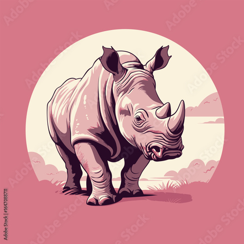 A realistic drawing of a rhinoceros is depicted on a soft pink background. The rhinoceros is detailed with its characteristic horns and thick skin, creating a striking contrast against the pastel back