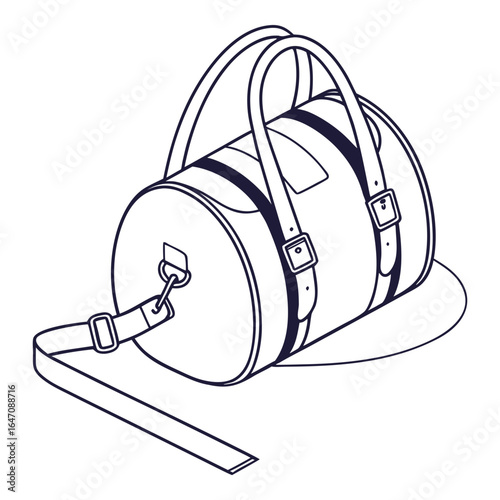 Stylish duffel bag with adjustable shoulder strap and buckle details presented as a clean line art illustration