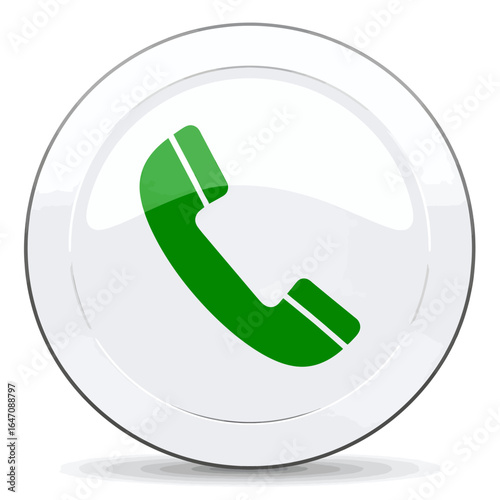 Vibrant green telephone handset icon on a glossy white circular button, symbolizing direct communication and support.