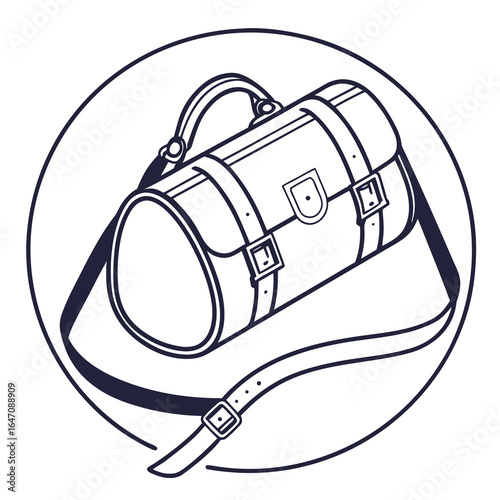 Stylized line art illustration of a vintage leather duffel bag with straps and buckle details inside a circle