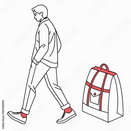 Stylized line art illustration of a young man walking next to a duffel bag