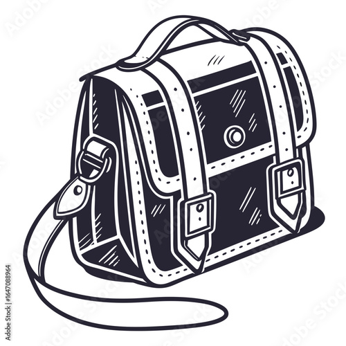 Vintage satchel bag with strap and buckle detail in a hand drawn outline style