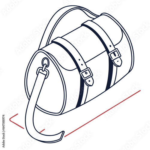 Vintage style duffel bag with leather straps and buckles depicted as a simple line art illustration