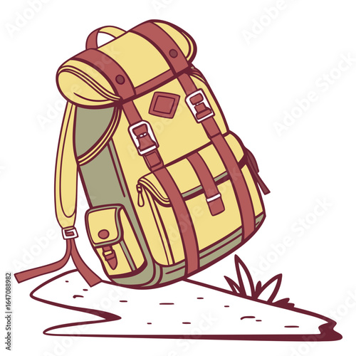 Vintage style backpack with straps and buckles resting on the ground with grass and dirt