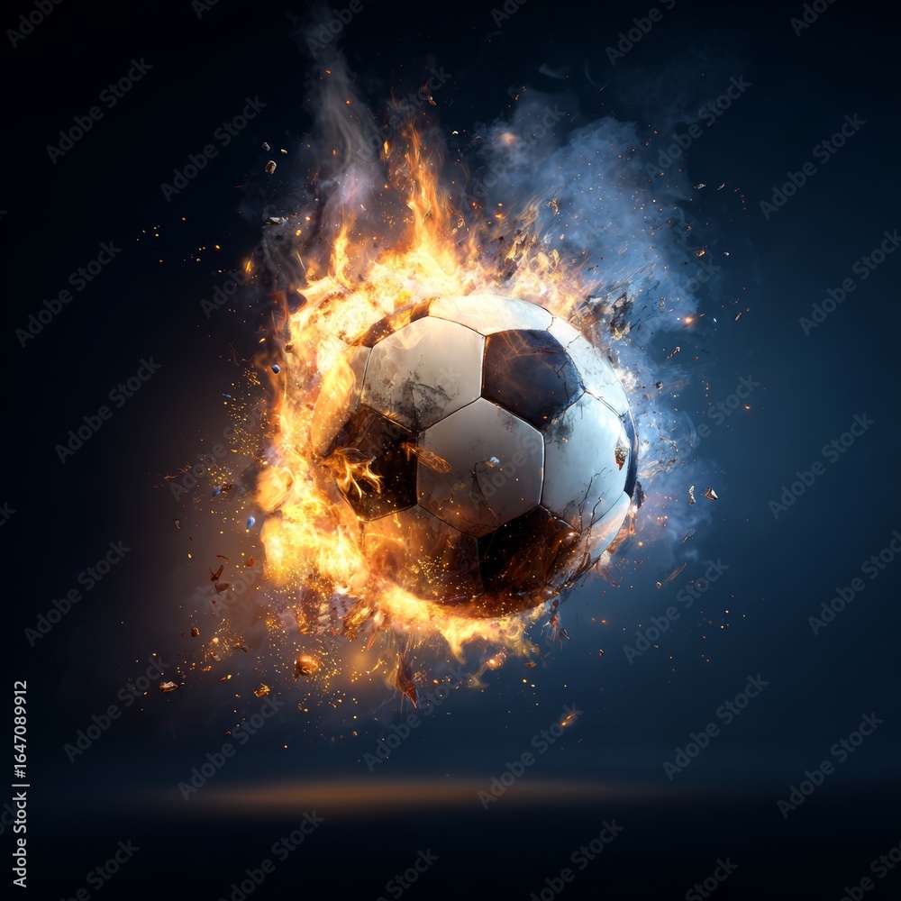Fototapeta premium Burning soccer ball with explosive energy and dynamic motion