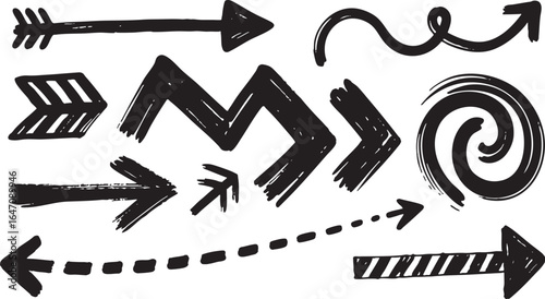 Assortment of hand drawn black arrows and pointers isolated on white background
