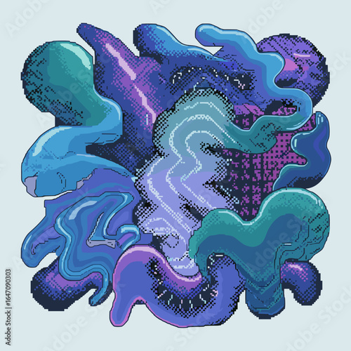 Digital glitch blob set in blue and purple with chaotic arrangement