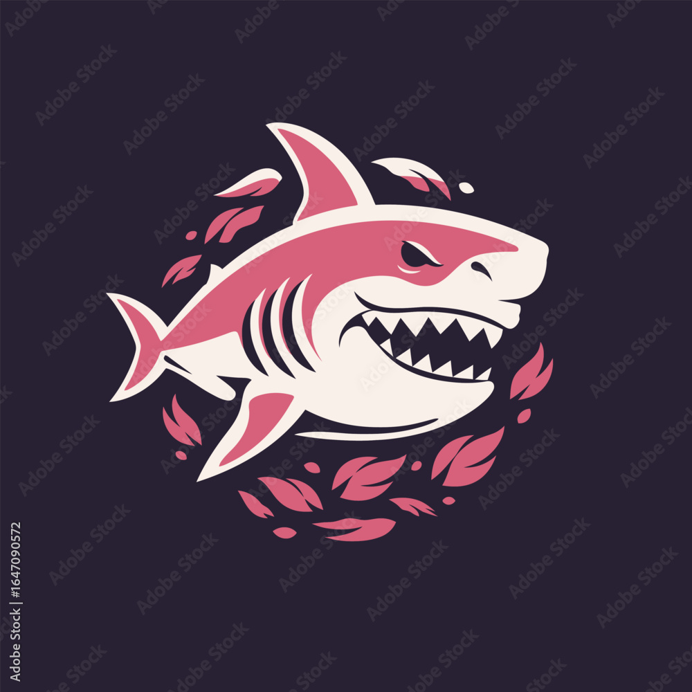 Naklejka premium A shark with its sharp teeth exposed is seen with its mouth wide open amidst a cluster of leaves. The powerful predator appears ready to strike, showcasing its menacing nature in this underwater scene