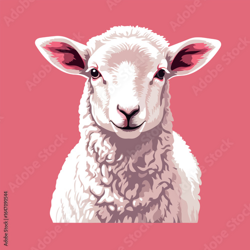 A sheep is standing in the center of the frame on a bright pink background. The sheeps fluffy white wool contrasts sharply with the vibrant pink color of the backdrop. The sheep appears calm and conte