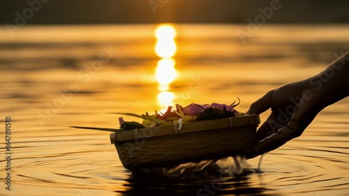 Golden Sunset Chhath Puja Ritual Hand Gently Lowers Floral Offering Basket into Reflective Water Dripping Serenity.