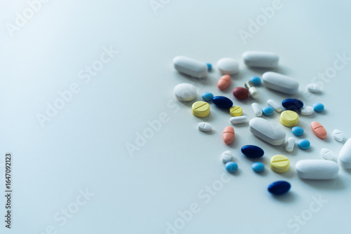 Colorful pharmaceutical medicine or pill and capsule Concept of daily medication routine, health diversity, and responsible drug usage for wellness and well being lifestyle
