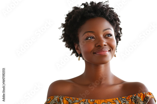 Portrait displays an African American woman with PNG and transparent background, used for product photography and branding.