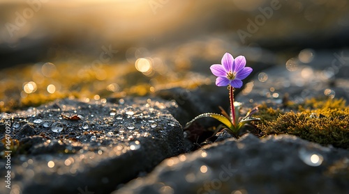 Ultra-realistic macro photography Lone purple saxifrage defiantly blooming in a granite crack, beaded with morning dew, soft golden sunrise glow, extreme shallow depth of field, blurred mossy rocks.