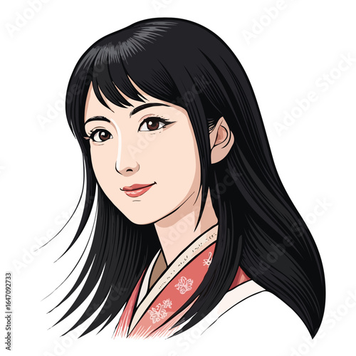 Artistic Portrait of a Woman: An exquisite portrait unveils a woman's captivating presence, with flowing, jet-black hair framing her gentle features.