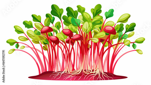 Microgreens sprouted radish Red Coral on white background, slender stems with vivid pink hues, tender leaves unfurling gracefully, radiating freshness, vitality, and nature’s delicate elegance in semi