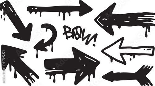 Assortment of hand drawn black arrows and pointers isolated on white background