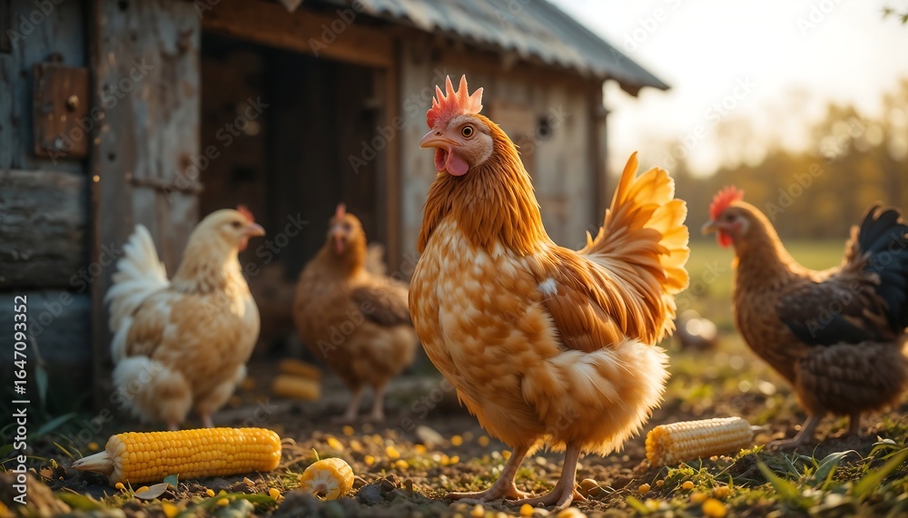 Fototapeta premium Golden Hens & Corn: Rustic Farm Scene - Rustic/Farmhouse aesthetic