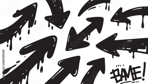 Assortment of hand drawn black arrows and pointers isolated on white background