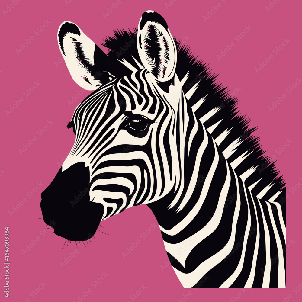 Fototapeta premium A black and white striped zebra stands out against a vibrant pink background. The zebras distinctive pattern contrasts sharply with the bold color behind it.