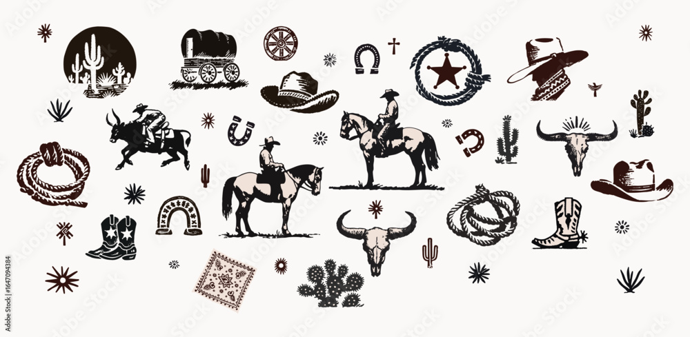 Fototapeta premium Boho Western Cowboy Icons Set – Rodeo Desert Elements (Hats, Boots, Cactus, Longhorn Skulls) Vector