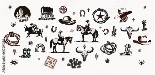 Boho Western Cowboy Icons Set – Rodeo Desert Elements (Hats, Boots, Cactus, Longhorn Skulls) Vector