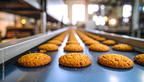 Freshly Baked Oatmeal Cookies on a Conveyor Belt in a Food Factory