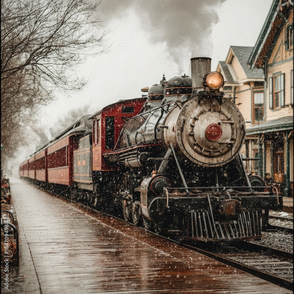 Fototapeta premium Vintage steam train in snowy town