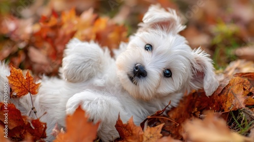 Fluffy white puppy relaxing playfully on vibrant autumn leaves, basking in golden sunlight during crisp seasonal afternoon