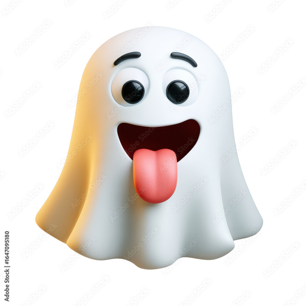 Fototapeta premium Funny ghost emoji with tongue out and big eyes showing playful emotion in cute cartoon style