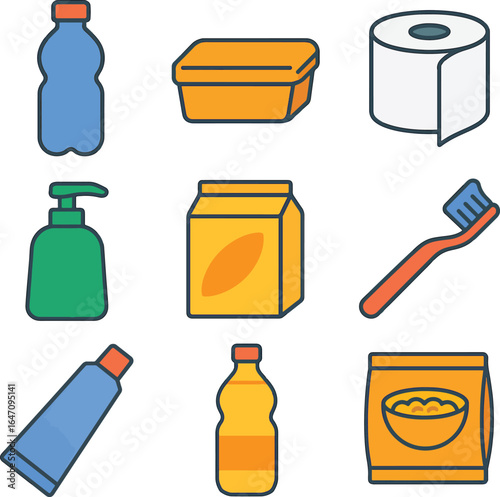 Flat line icon set of supermarket products and daily necessities. Vector pictograms of groceries, food, drinks, and personal hygiene items for ui and ux design projects.