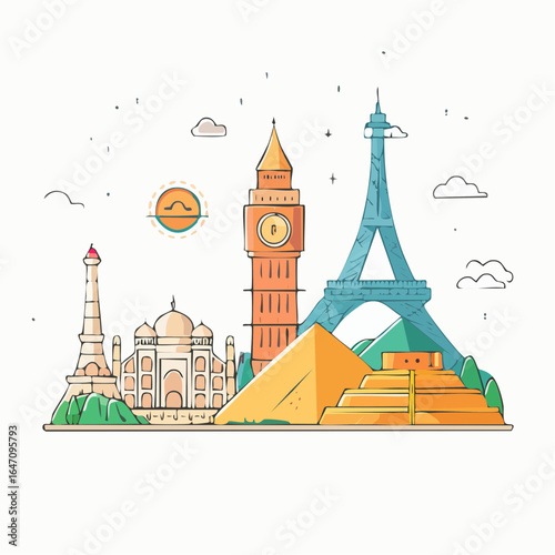 Flat vector icon set of famous landmarks including Eiffel Tower, Statue of Liberty, Taj Mahal, Great Wall of China, and Pyramids.