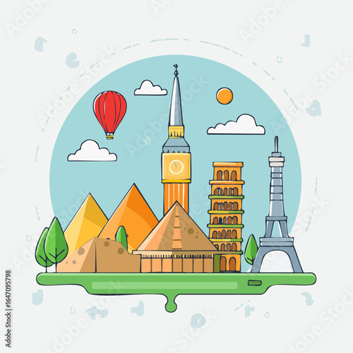 Flat vector icon set of famous landmarks including Eiffel Tower, Statue of Liberty, Taj Mahal, Great Wall of China, and Pyramids.