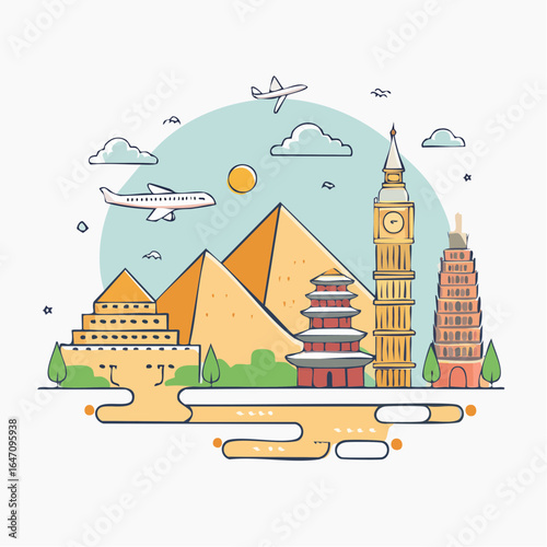 Flat vector icon set of famous landmarks including Eiffel Tower, Statue of Liberty, Taj Mahal, Great Wall of China, and Pyramids.