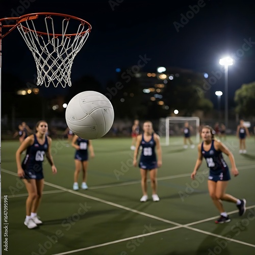 A netball player in uniform, intensely focused on the ball during a game under floodlights at dusk, with other players and the netball hoop in the blurred background, emphasizing concentration and ath