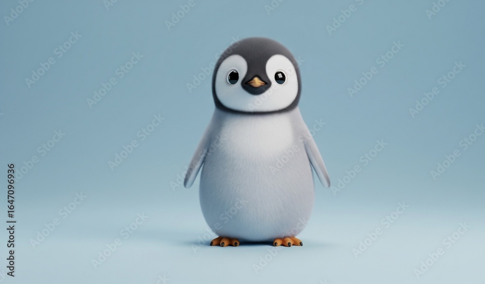 Obraz premium Adorable fluffy baby penguin with big eyes, looking cute and friendly, perfect for children's themes.