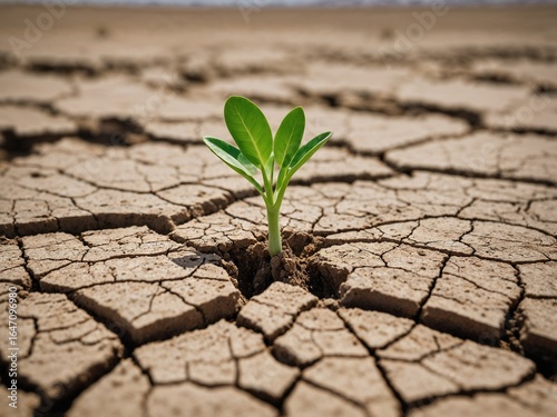 Close-up of Cracked Desert Ground With Single Green Sprout