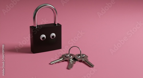 A black padlock with googly eyes next to a set of keys with smiling faces Both are on a pink surface