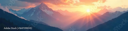 A serene, misty mountain landscape at dawn Perfect for travel, nature, or adventure themed projects The sun's rays peek through the clouds, illuminating the peaks , sky, misty mountains, beautiful