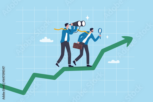 Business forecast, prediction or analysis, vision to see new opportunity, examine or inspect future ahead, search or discover opportunity, businessman look through binoculars to forecast future.