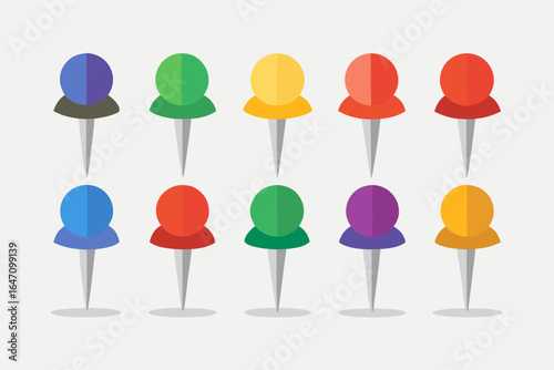 Collection of colorful flat design push pins arranged in two rows