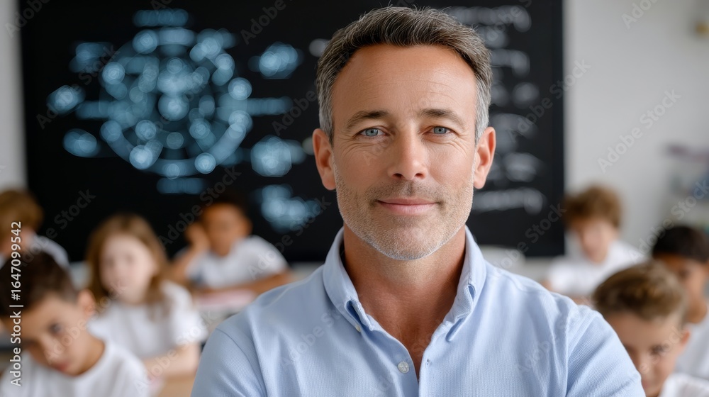 Fototapeta premium Engaging male teacher interacts with students in a tech classroom educational environment collaborative learning experience