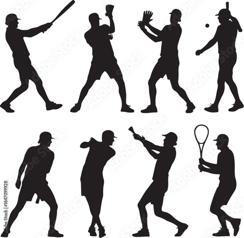 Baseball and tennis players in action batting pitching