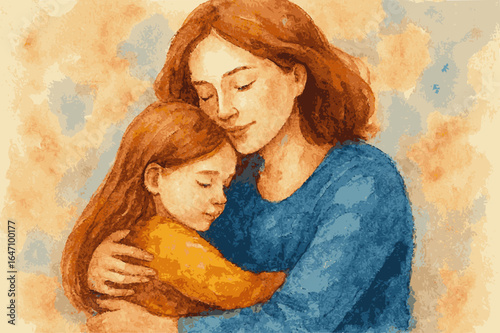 Watercolor painting of a mother and daughter embracing with a hug