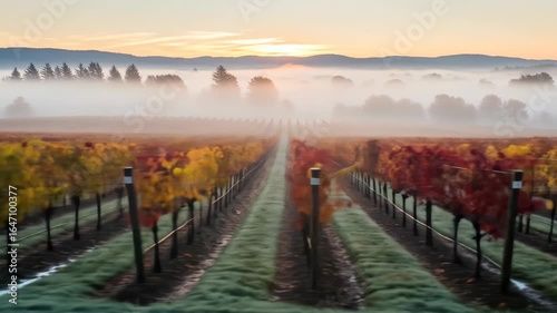 Autumn Vineyard at Sunrise with Misty Valley and Colorful Foliage