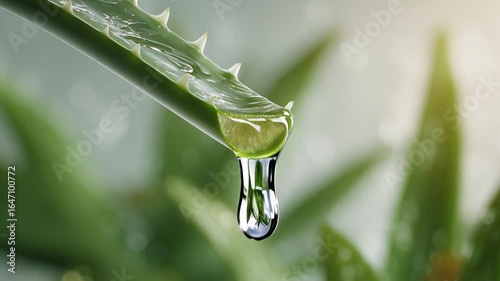 Wallpaper Mural Macro close-up of fresh aloe vera leaf with gel droplet forming and falling in slow motion — natural skincare, organic plant extract, hydration, beauty wellness concept Torontodigital.ca