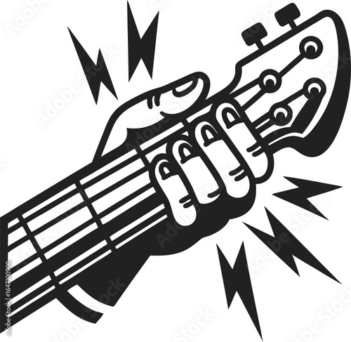 Hand gripping guitar neck with energy playing music, bold line art illustration, dynamic musician concept, black and white