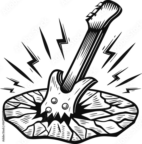 Electric guitar head smashing through cracked ground with energy lines powerful rock music impact black and white illustration