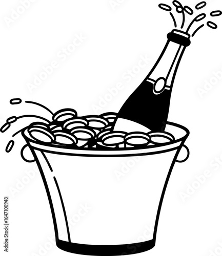 Champagne bottle popping in ice bucket celebration party drink illustration, festive beverage splash and cold refreshment concept
