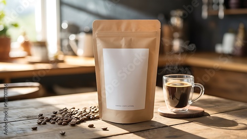Kraft paper coffee bag mockup with blank label next to steaming coffee in glass mug on wooden table