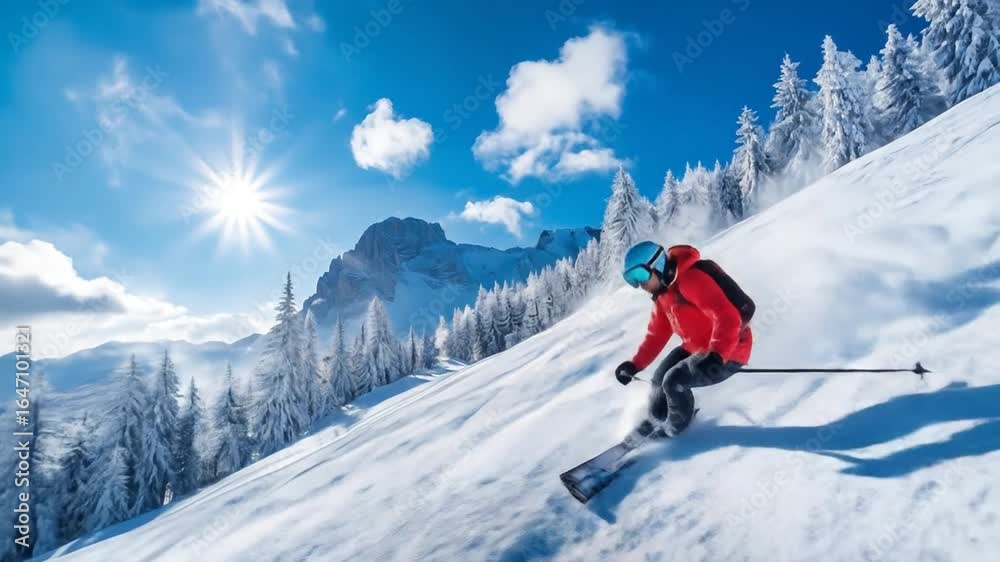 Skier carving turns in fresh powder on a sunny with snowy mountain slope Winter sport. Skier carving turns in fresh powder on a sunny with snowy mountain slope Winter sport.